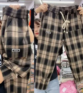 2022 Autumn Elastic Waist Loose Ankle Length Plaid Cotton Pants for Women