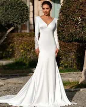 Elegant mermaid wedding dresses in stretch satin 2022 long sleeves Vestid.