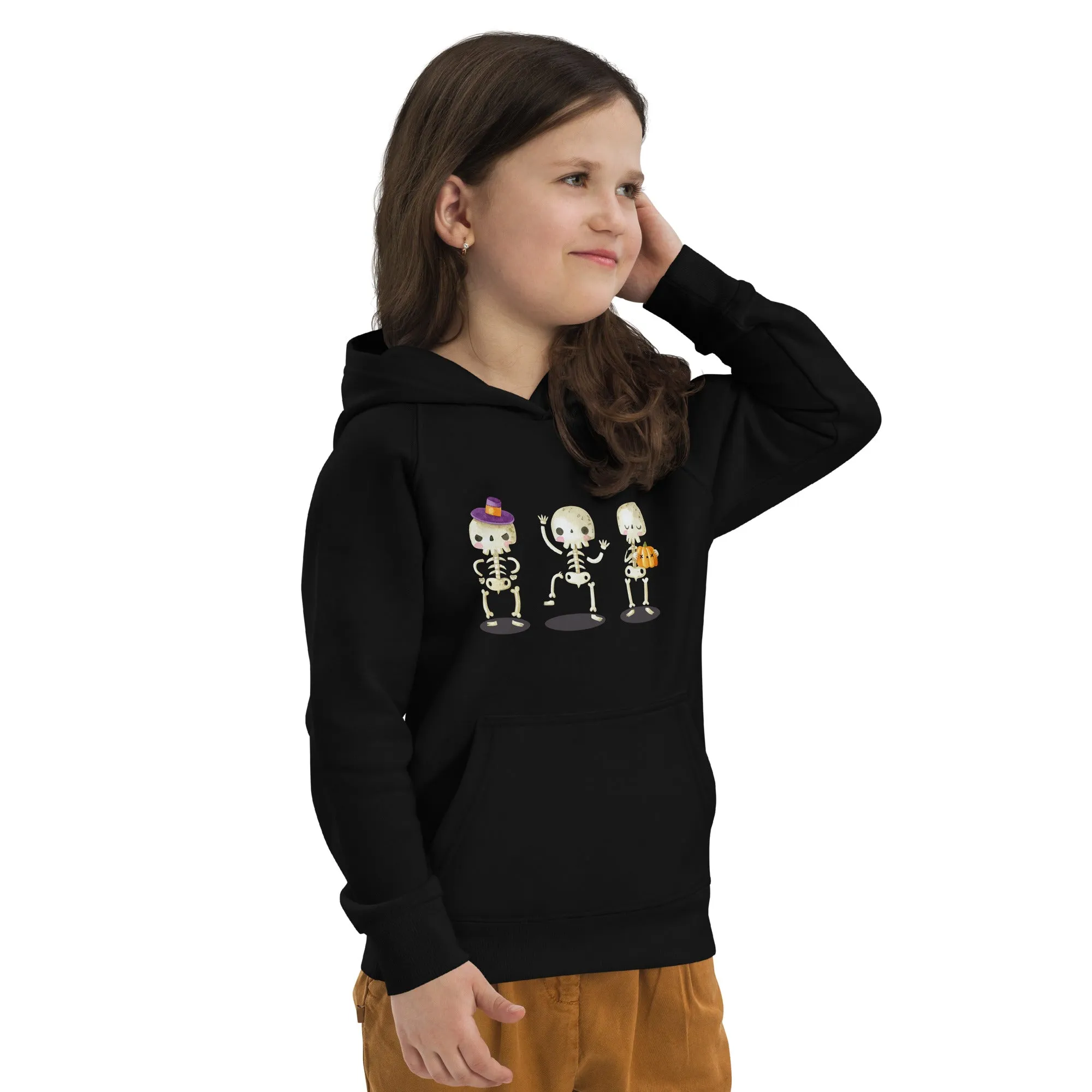 Felpa con cappuccio unisex ecologica per bambini con scheletri di Halloween