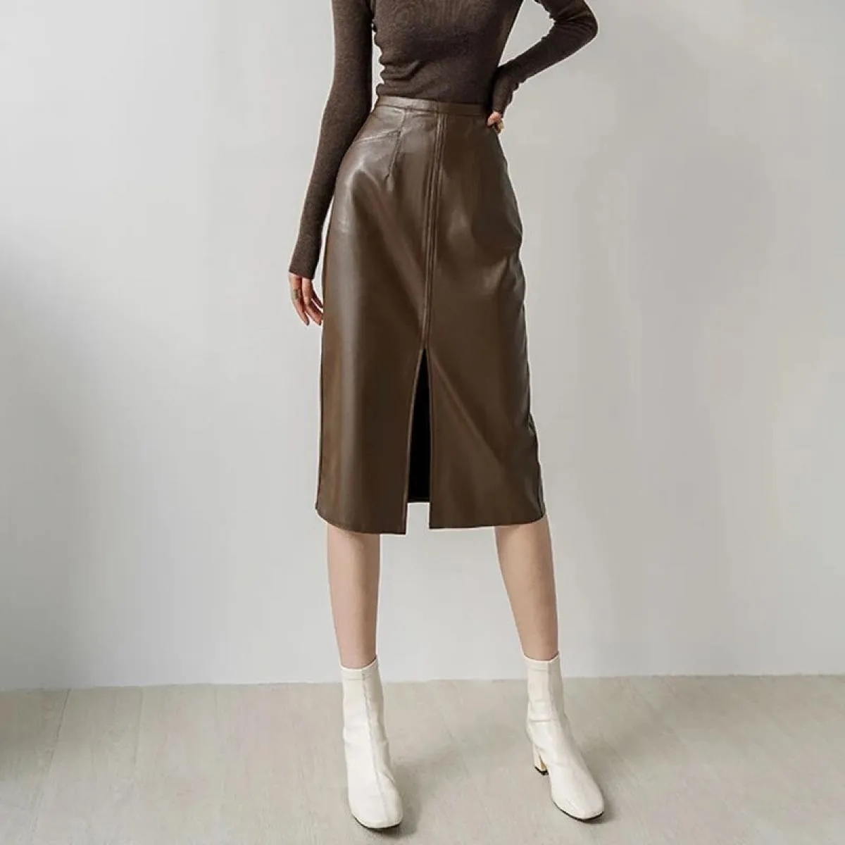 High-waisted PU leather Xpqbb skirt Vintage brown split back zipper pencil skirt Elegant women's skirts