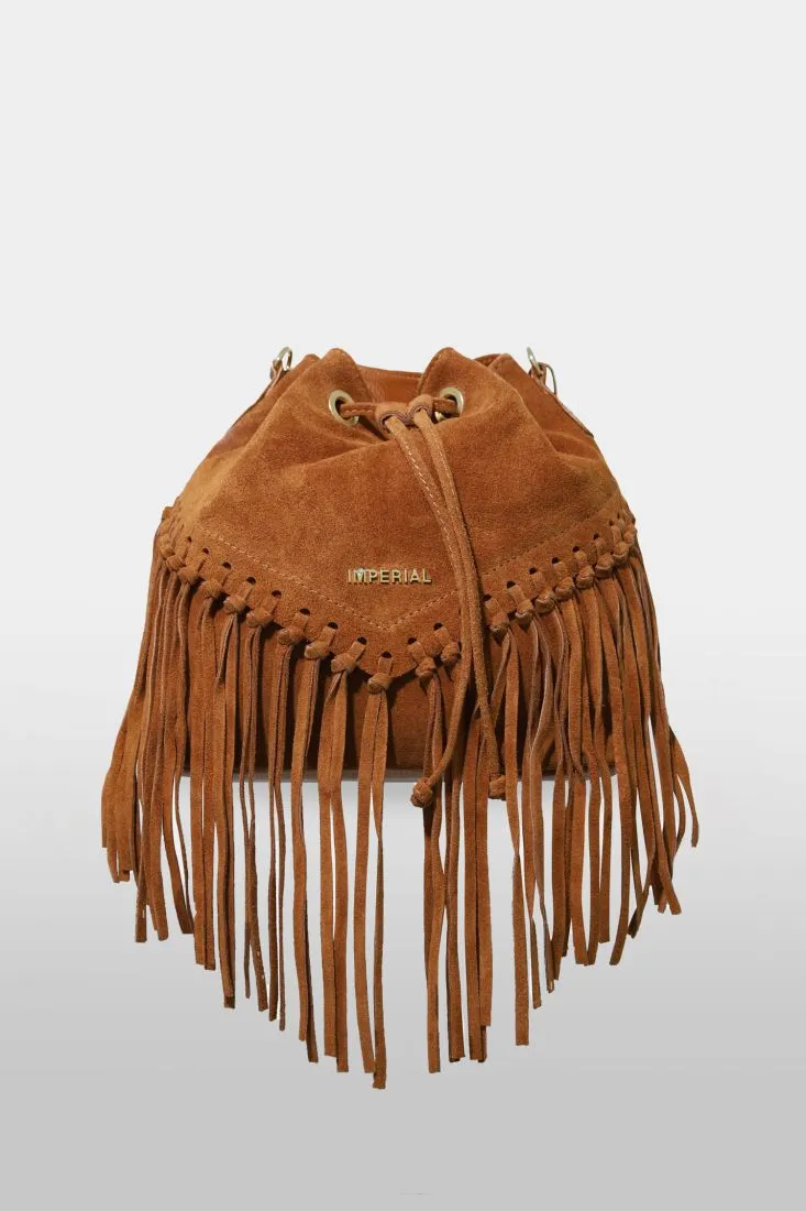 Leather bucket bag with drawstring closure and fringe - Lucky Brand