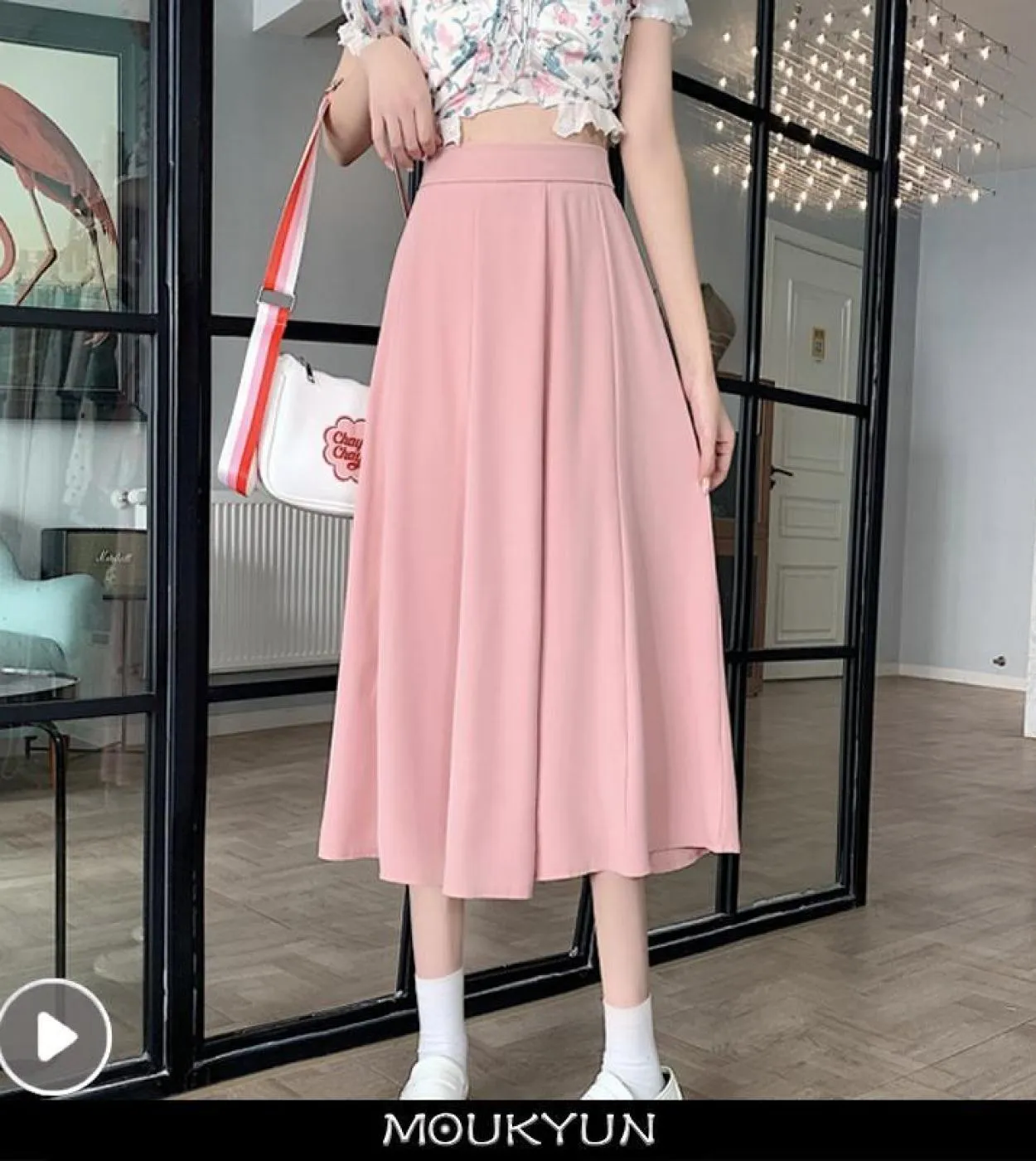 Moukyun Women's Casual Elegant Pleated Midi Skirts High Waist Summer Fashion A-line Loose Maxi Skirt