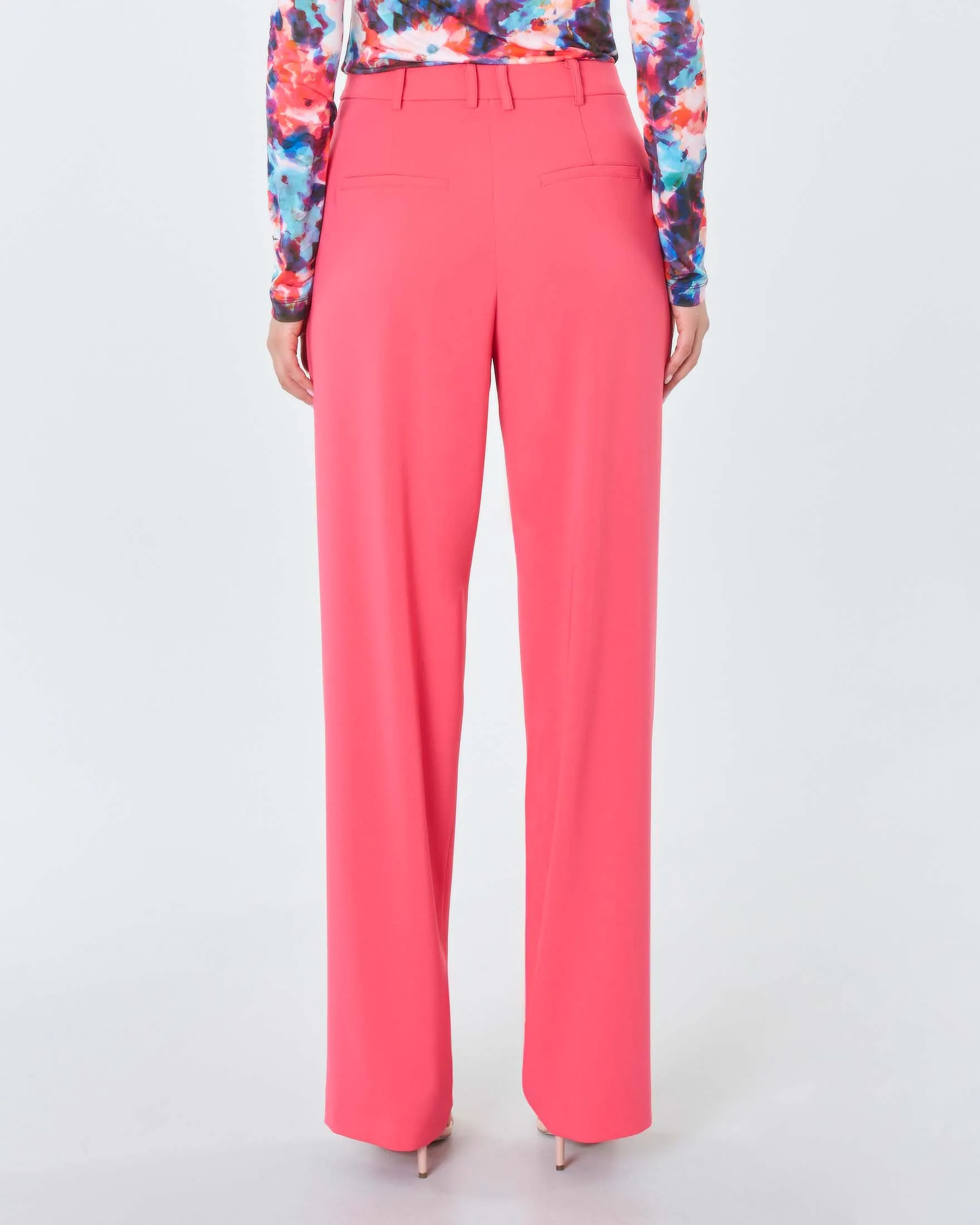 Pantaloni palazzo a vita alta color corallo in crêpe stretch con doppie pieghe frontali