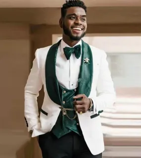 Smoking da uomo da sposa bianco floreale verde velluto doppio petto gilet scialle bavero abiti da sposo vestito da uomo migliore