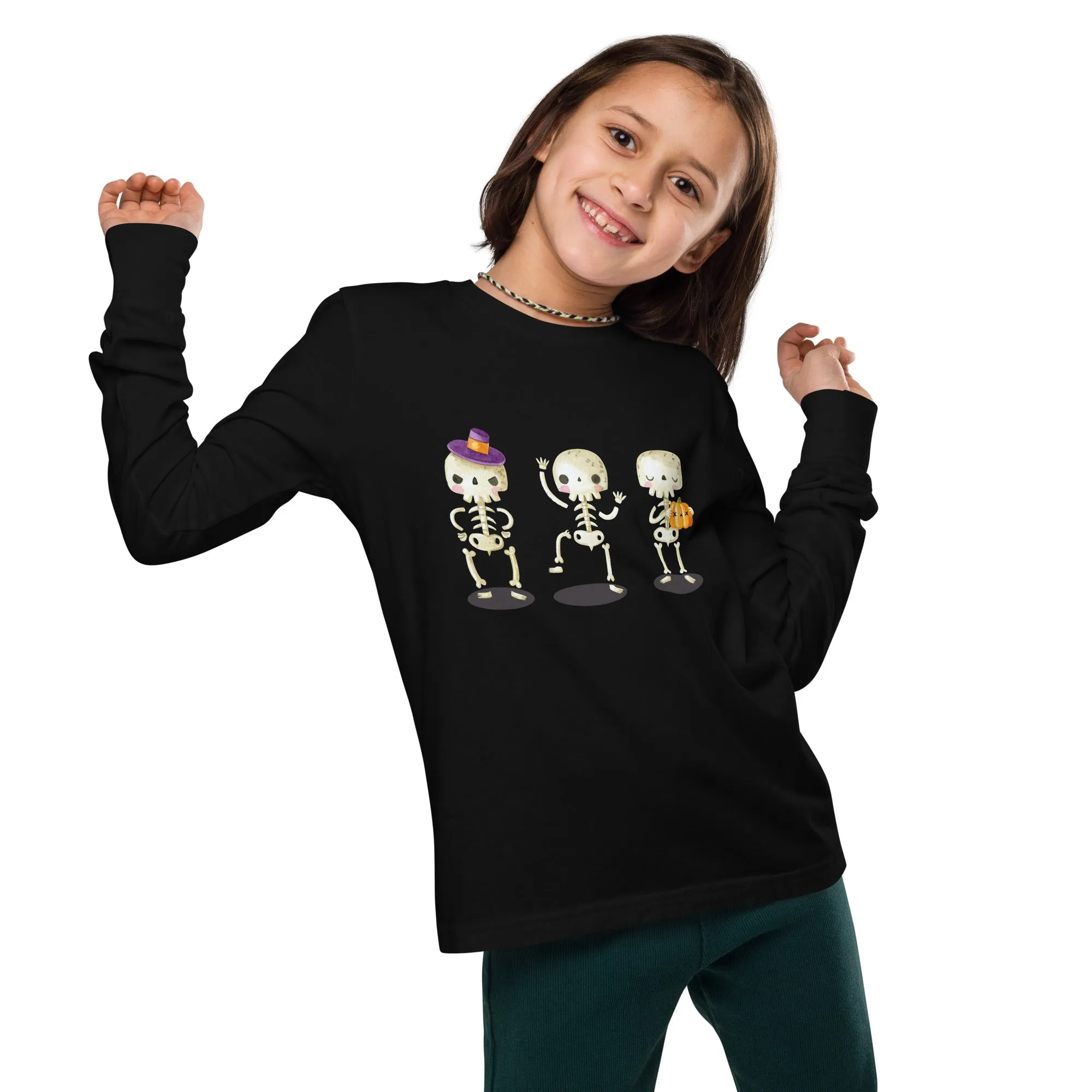 T-shirt unisex a maniche lunghe per ragazzi con scheletri di Halloween