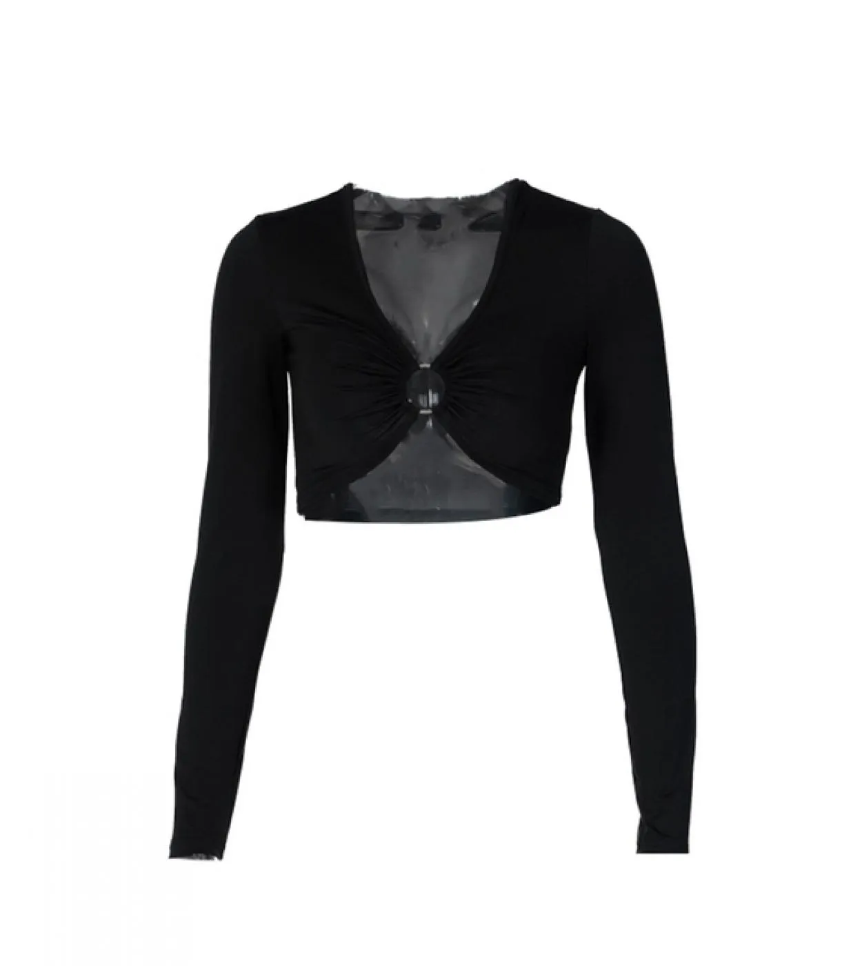 Tetyseysh Metallic Ring Belly Button Show Solid Color Long Sleeve V-neck Shirts